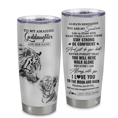 Personalized To My Amazing Goddaughter Gifts Tumbler From Godmother Godfather White Tiger It A Big Hug Goddaughter Birthday Gifts Christmas Custom Stainless Steel Mug | teecentury