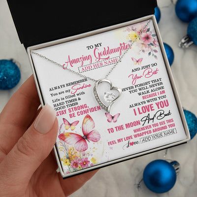 Forever Love Necklace 14K White Gold Finish | 2 | Personalized To My Amazing Goddaughter Necklace From Godmother Uncle Butterfly It A Big Hug Goddaughter Birthday Gifts Christmas Custom Gift Box Message Card | https://teecentury.