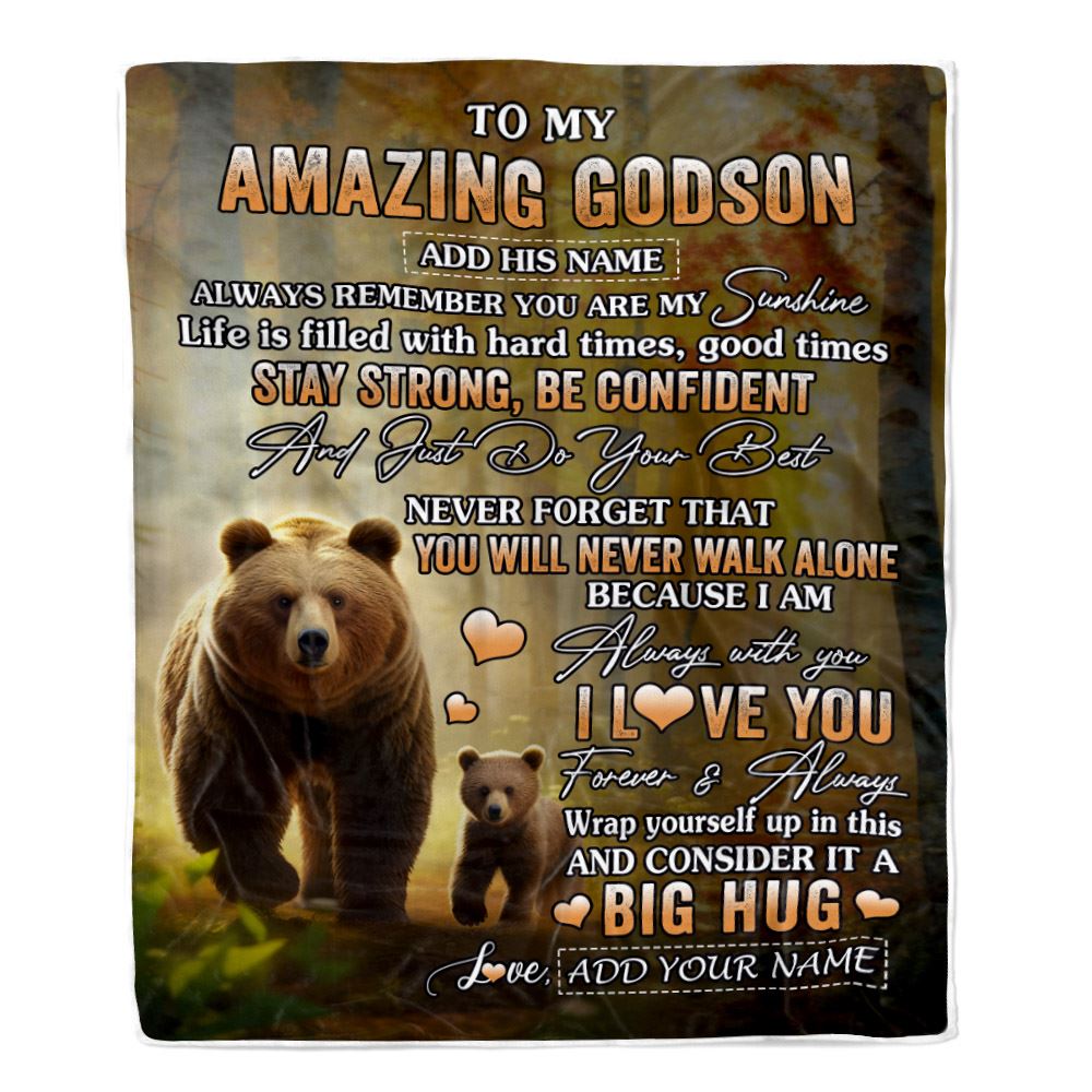Personalized To My Amazing Godson Bear Blanket From Godmother Uncle My Sunshine Godson Birthday Gifts Graduation Christmas Customized Fleece Throw Blanket | teecentury