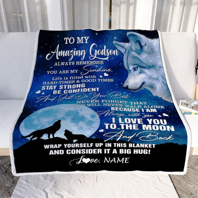 Personalized To My Amazing Godson Blanket From Aunt Uncle Wolf It A Big Hug Godson Birthday Back To School Christmas Customized Fleece Throw Blanket | teecentury
