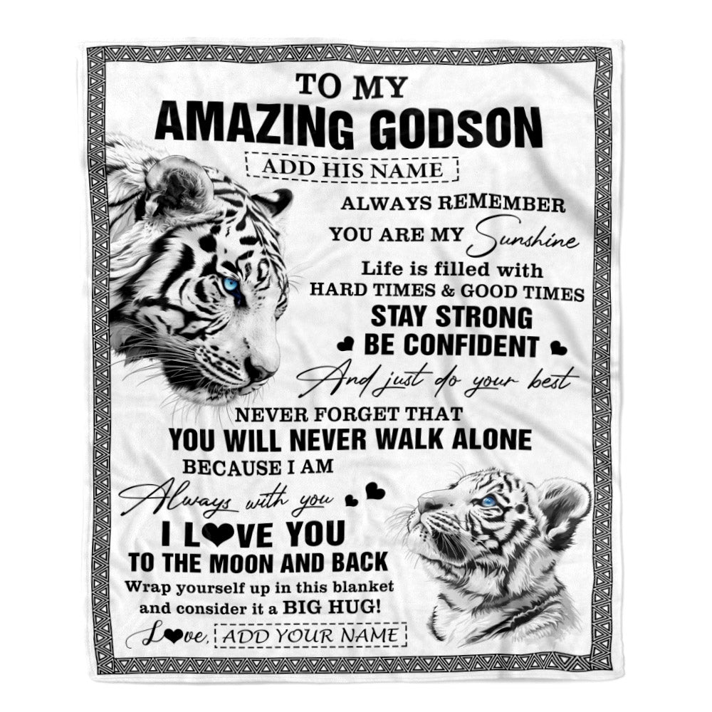 Personalized To My Amazing Godson Blanket From Godmother Uncle White Tiger It A Big Hug Godson Birthday Gifts Graduation Christmas Customized Fleece Blanket | teecentury
