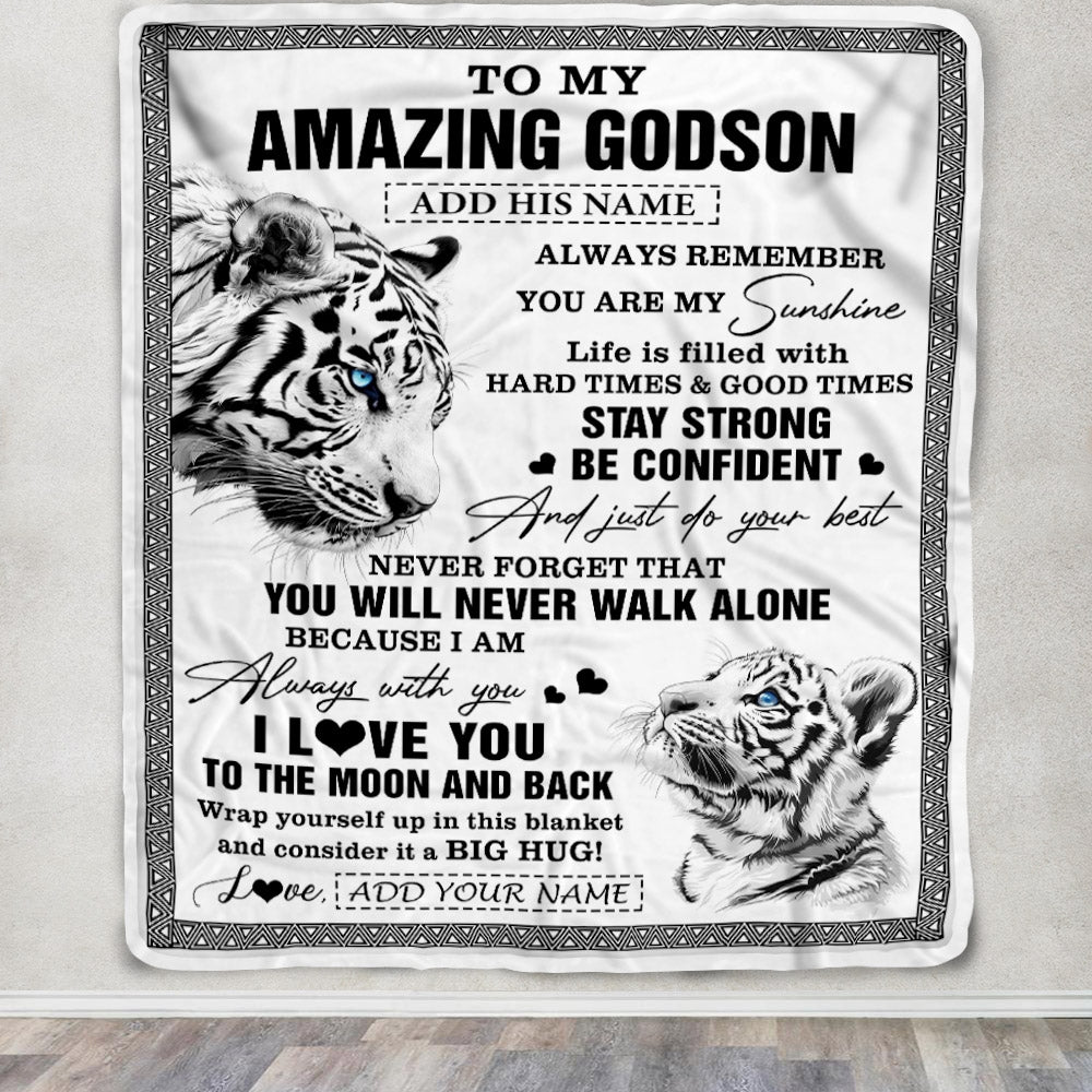 Personalized To My Amazing Godson Blanket From Godmother Uncle White Tiger It A Big Hug Godson Birthday Gifts Graduation Christmas Customized Fleece Blanket | teecentury