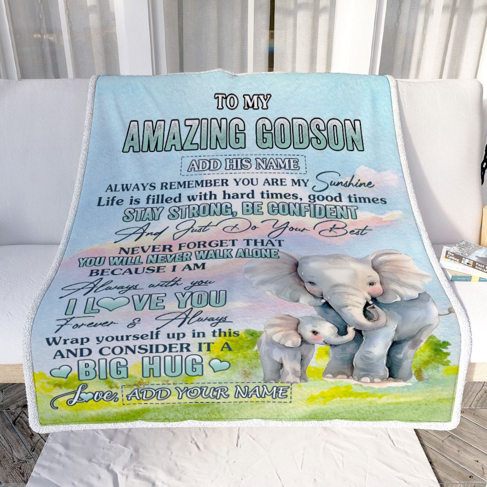 Personalized To My Amazing Godson Elephant Blanket From Godmother Uncle My Sunshine Godson Birthday Gifts Graduation Christmas Customized Fleece Blanket | teecentury
