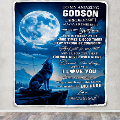 Personalized To My Amazing Godson Gifts From Godmother Uncle Blanket Wolf My Sunshine Gifts For Godson Birthday Graduation Christmas Customized Fleece Blanket | teecentury