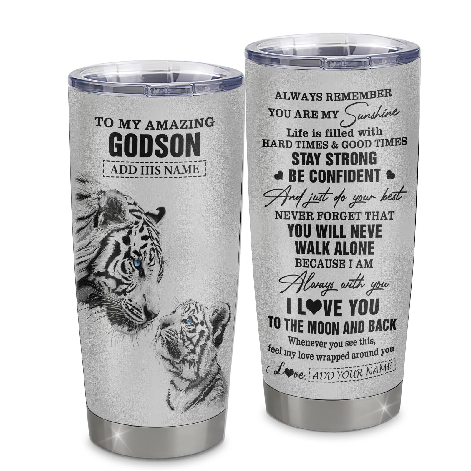 Personalized To My Amazing Godson Gifts Tumbler From Godmother Godfather White Tiger It A Big Hug Godson Birthday Gifts Graduation Christmas Custom Stainless Steel Mug | teecentury