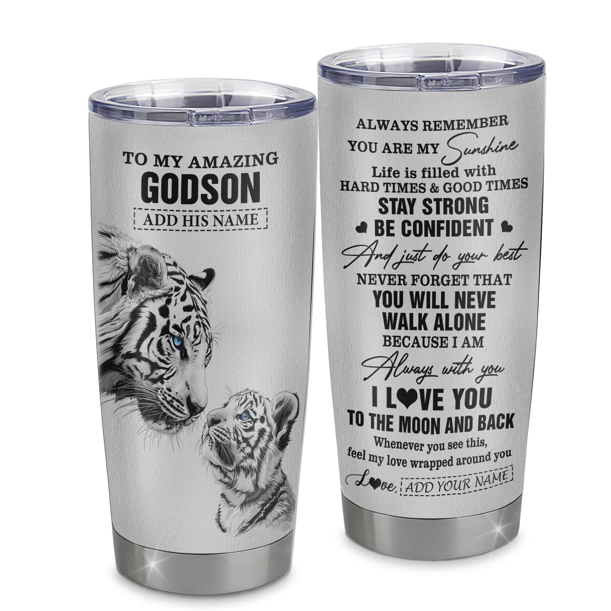 Personalized To My Amazing Godson Gifts Tumbler From Godmother Godfather White Tiger It A Big Hug Godson Birthday Gifts Graduation Christmas Custom Stainless Steel Mug | teecentury