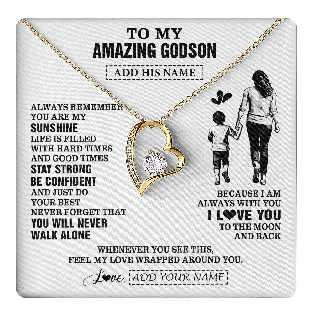 Forever Love Necklace 18K Yellow Gold Finish | 1 | Personalized To My Amazing Godson Necklace From Godmother Aunt Woman It A Big Hug Godson Birthday Gifts Graduation Christmas Custom Gift Box Message Card | https://teecentury.