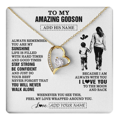 Forever Love Necklace 18K Yellow Gold Finish | 1 | Personalized To My Amazing Godson Necklace From Godmother Aunt Woman It A Big Hug Godson Birthday Gifts Graduation Christmas Custom Gift Box Message Card | https://teecentury.
