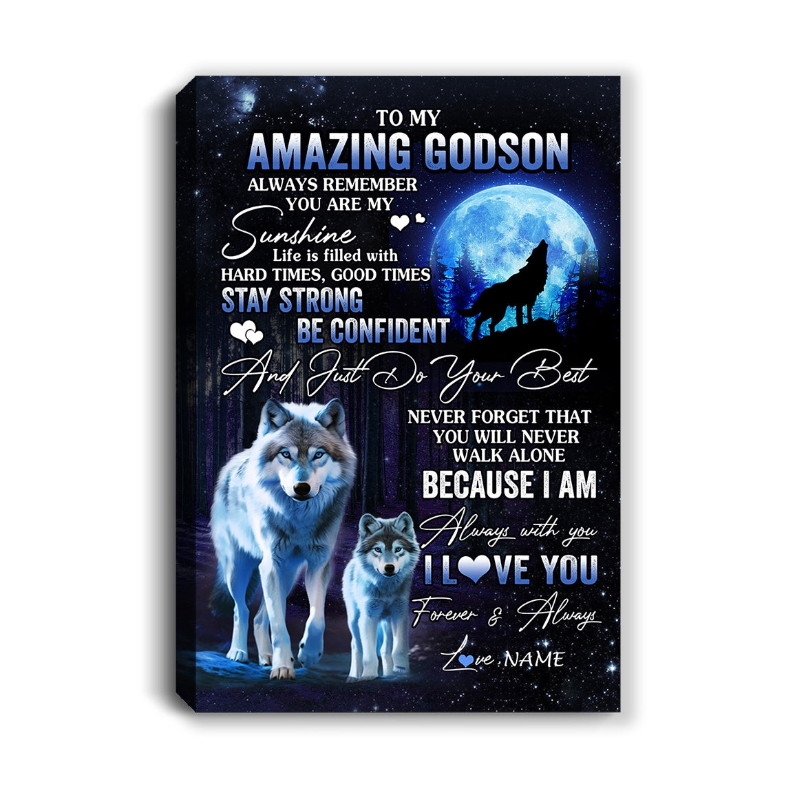Personalized To My Amazing Godson Wolf Canvas From Godmother Godfather Moon Wolf Godchild Godson Birthday Gifts Graduation Christmas Customized Fleece Canvas | teecentury