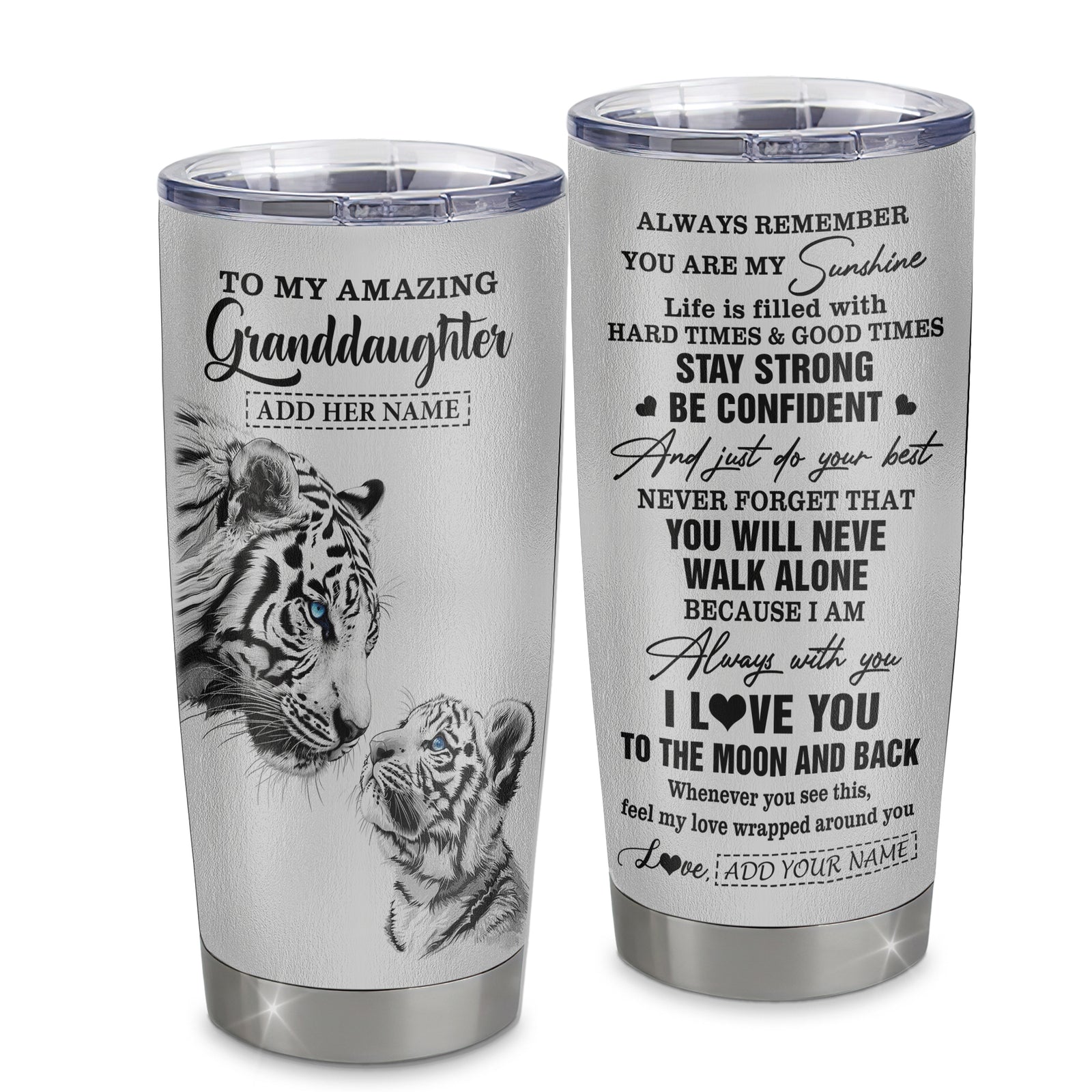 Personalized To My Amazing Granddaughter Gifts Tumbler From Grandma Grandpa White Tiger It A Big Hug Granddaughter Birthday Gifts Christmas Custom Stainless Steel Mug | teecentury