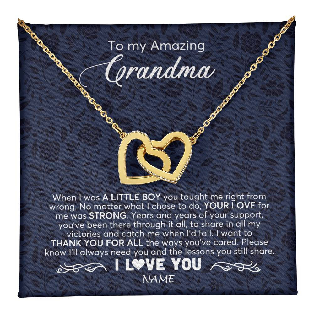 Interlocking Hearts Necklace 18K Yellow Gold Finish | 1 | Personalized To My Amazing Grandma Necklace From Grandson When I Was A Little Boy Grandma Birthday Mothers Day Christmas Customized Gift Box Message Card | teecentury
