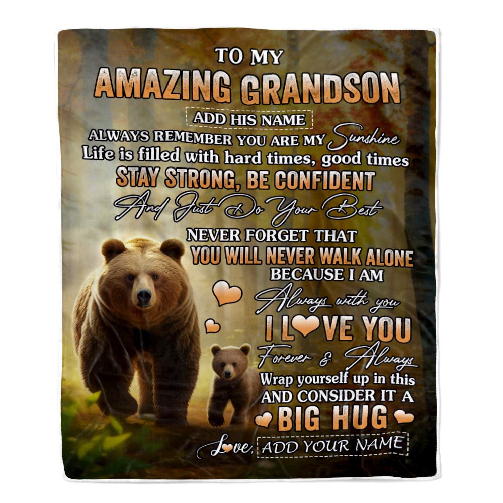 Personalized To My Amazing Grandson Bear Blanket From Grandma Grandpa My Sunshine Grandson Birthday Gifts Graduation Christmas Customized Fleece Throw Blanket | teecentury