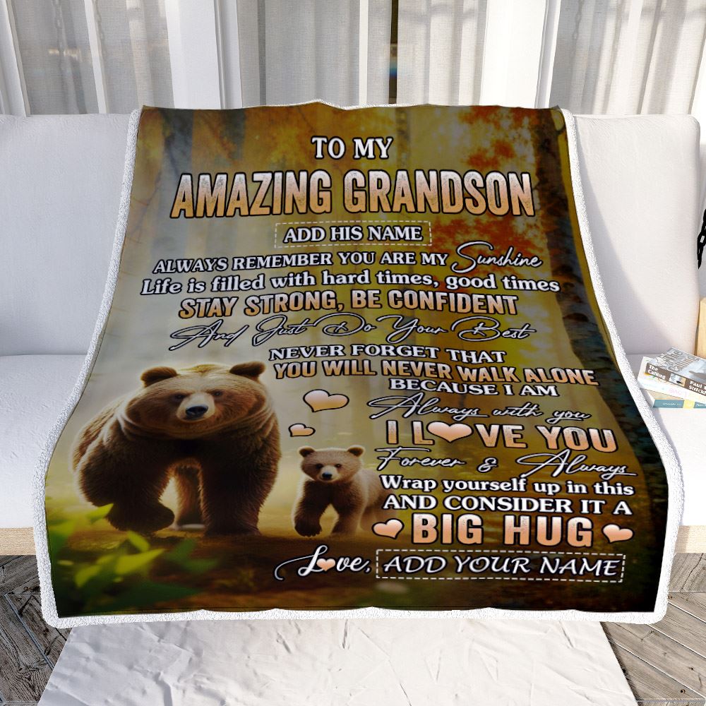 Personalized To My Amazing Grandson Bear Blanket From Grandma Grandpa My Sunshine Grandson Birthday Gifts Graduation Christmas Customized Fleece Throw Blanket | teecentury