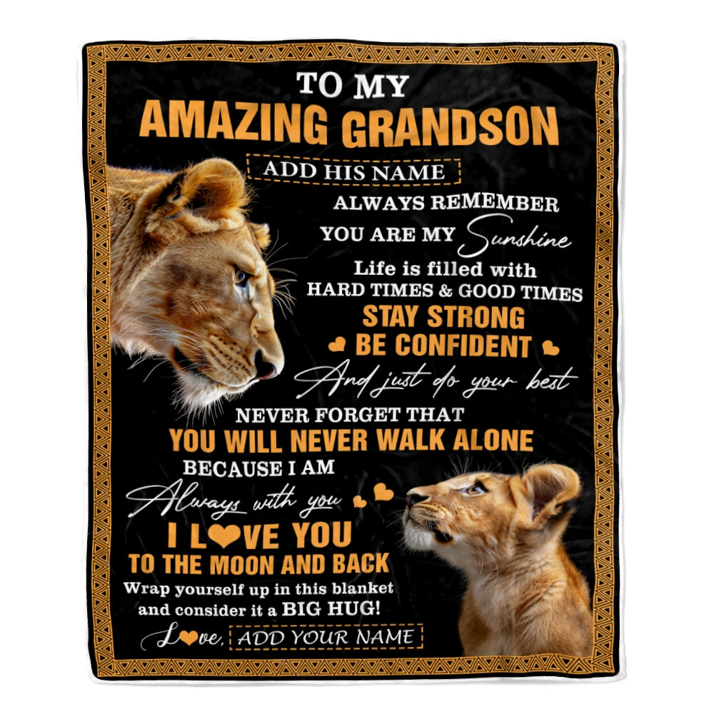Personalized To My Amazing Grandson Blanket From Grandma Grandmother Lion It A Big Hug Grandson Birthday Gifts Graduation Christmas Custom Fleece Blanket | teecentury