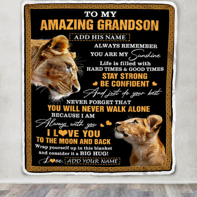 Personalized To My Amazing Grandson Blanket From Grandma Grandmother Lion It A Big Hug Grandson Birthday Gifts Graduation Christmas Custom Fleece Blanket | teecentury