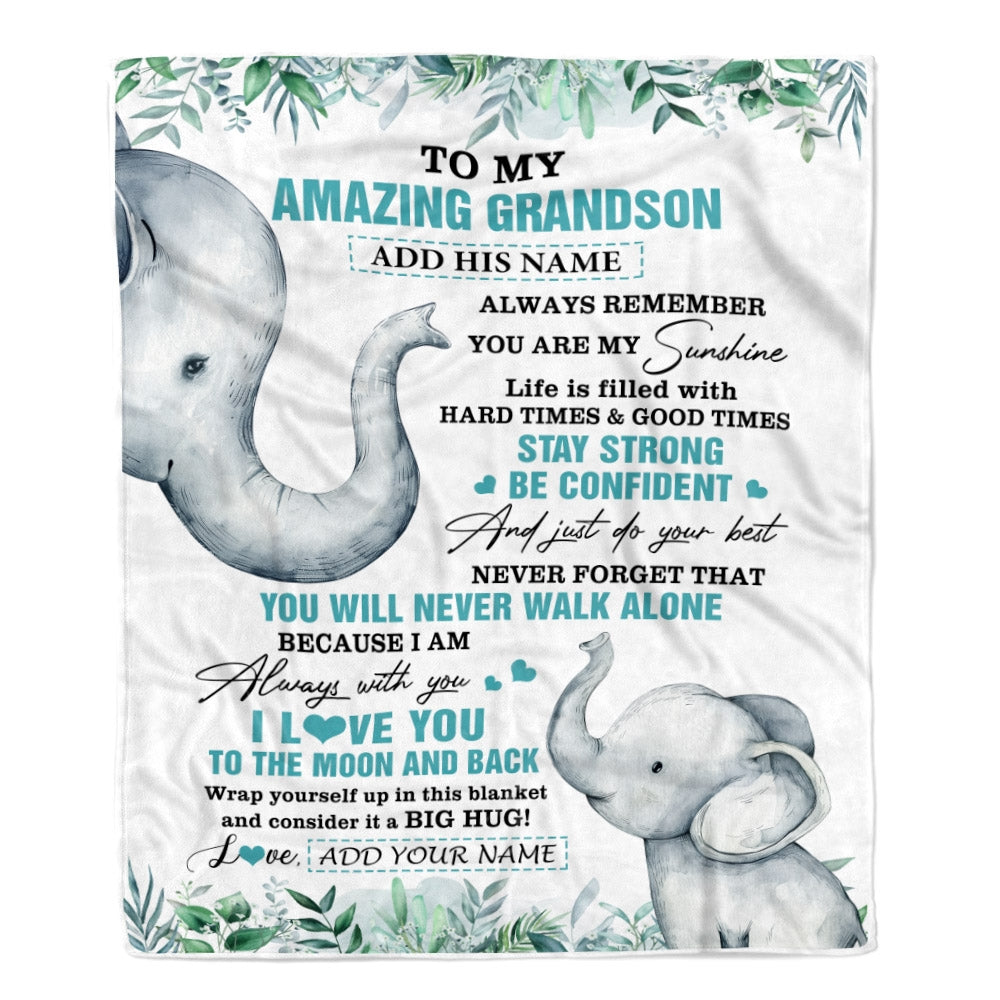 Personalized To My Amazing Grandson Blanket From Grandma Grandpa Elephant It A Big Hug Grandson Birthday Gifts Graduation Christmas Custom Fleece Blanket | teecentury