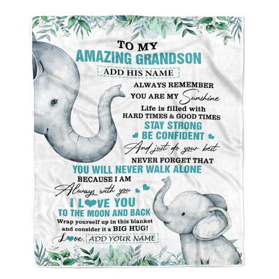Personalized To My Amazing Grandson Blanket From Grandma Grandpa Elephant It A Big Hug Grandson Birthday Gifts Graduation Christmas Custom Fleece Blanket | teecentury