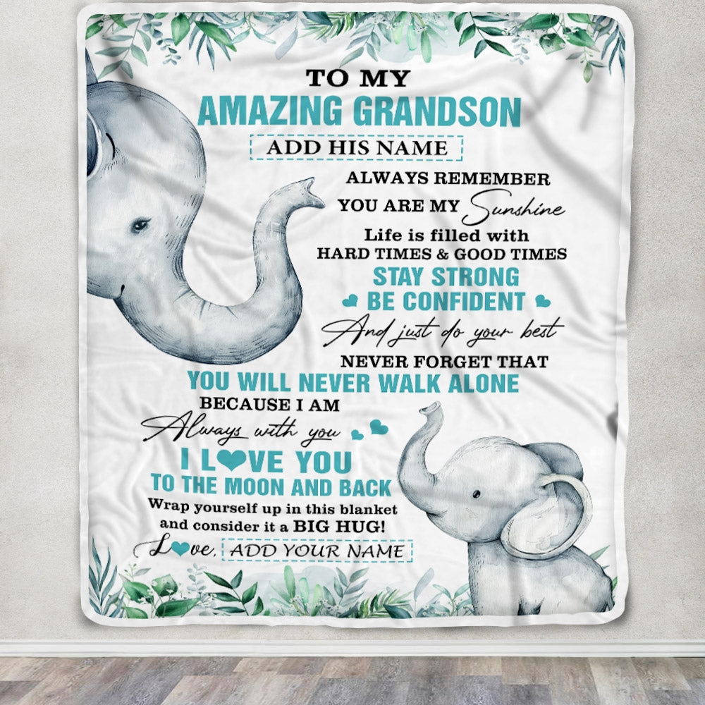 Personalized To My Amazing Grandson Blanket From Grandma Grandpa Elephant It A Big Hug Grandson Birthday Gifts Graduation Christmas Custom Fleece Blanket | teecentury