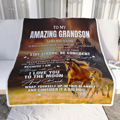 Personalized To My Amazing Grandson Blanket From Grandma Grandpa Horse It A Big Hug Grandson Birthday Gifts Graduation Christmas Custom Fleece Throw Blanket | teecentury