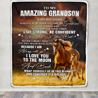 Personalized To My Amazing Grandson Blanket From Grandma Grandpa Horse It A Big Hug Grandson Birthday Gifts Graduation Christmas Custom Fleece Throw Blanket | teecentury