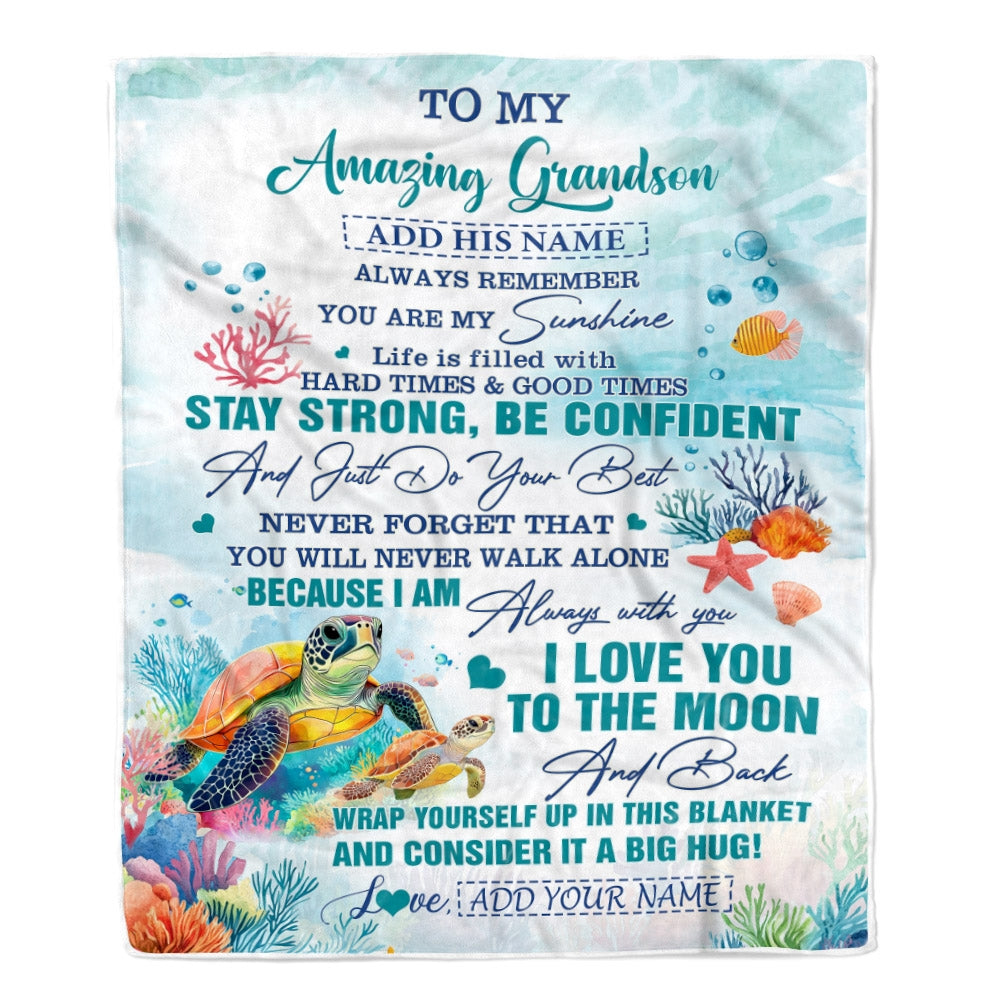 Personalized To My Amazing Grandson Blanket From Grandma Grandpa Turtle It A Big Hug Grandson Birthday Gifts Graduation Christmas Custom Fleece Throw Blanket | teecentury
