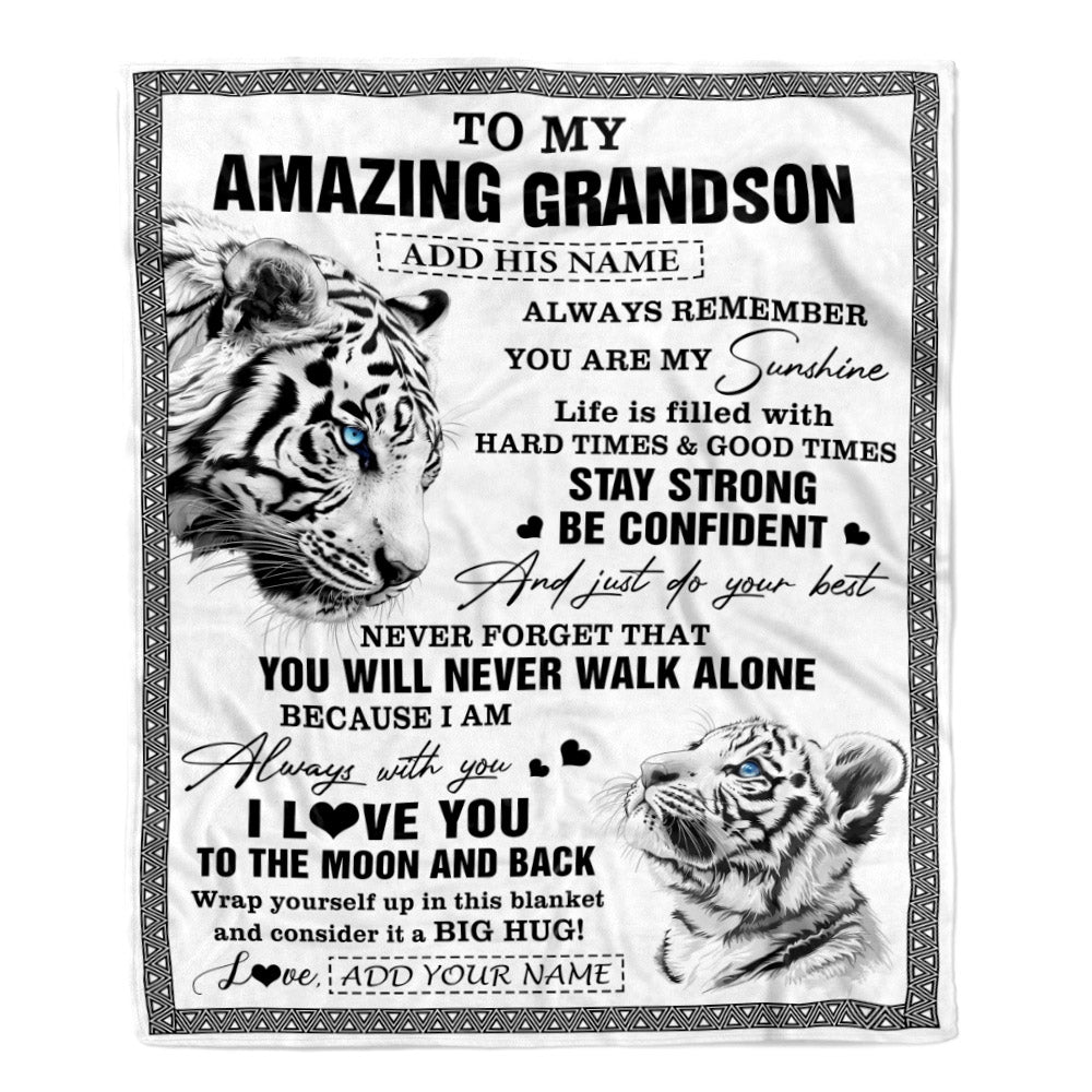 Personalized To My Amazing Grandson Blanket From Grandma Grandpa White Tiger It A Big Hug Grandson Birthday Gifts Christmas Customized Fleece Throw Blanket | teecentury