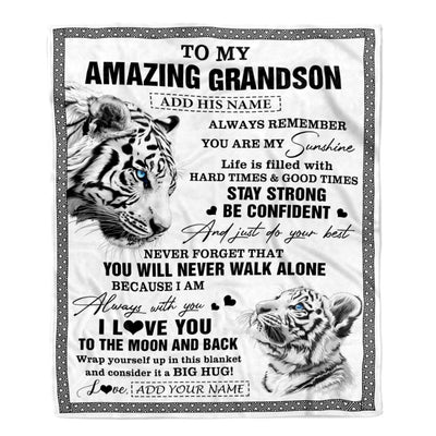 Personalized To My Amazing Grandson Blanket From Grandma Grandpa White Tiger It A Big Hug Grandson Birthday Gifts Christmas Customized Fleece Throw Blanket | teecentury
