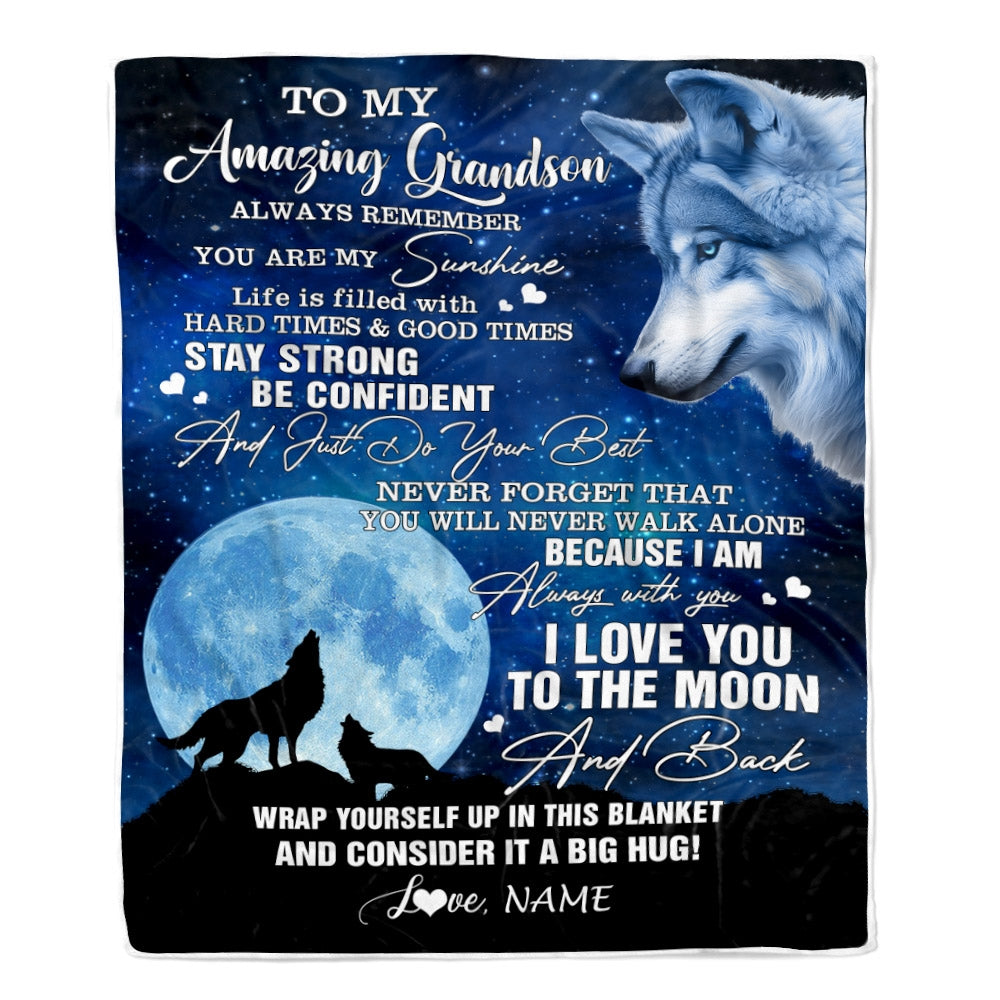 Personalized To My Amazing Grandson Blanket From Grandma Grandpa Wolf It A Big Hug Son Birthday Back To School Christmas Customized Fleece Throw Blanket | teecentury