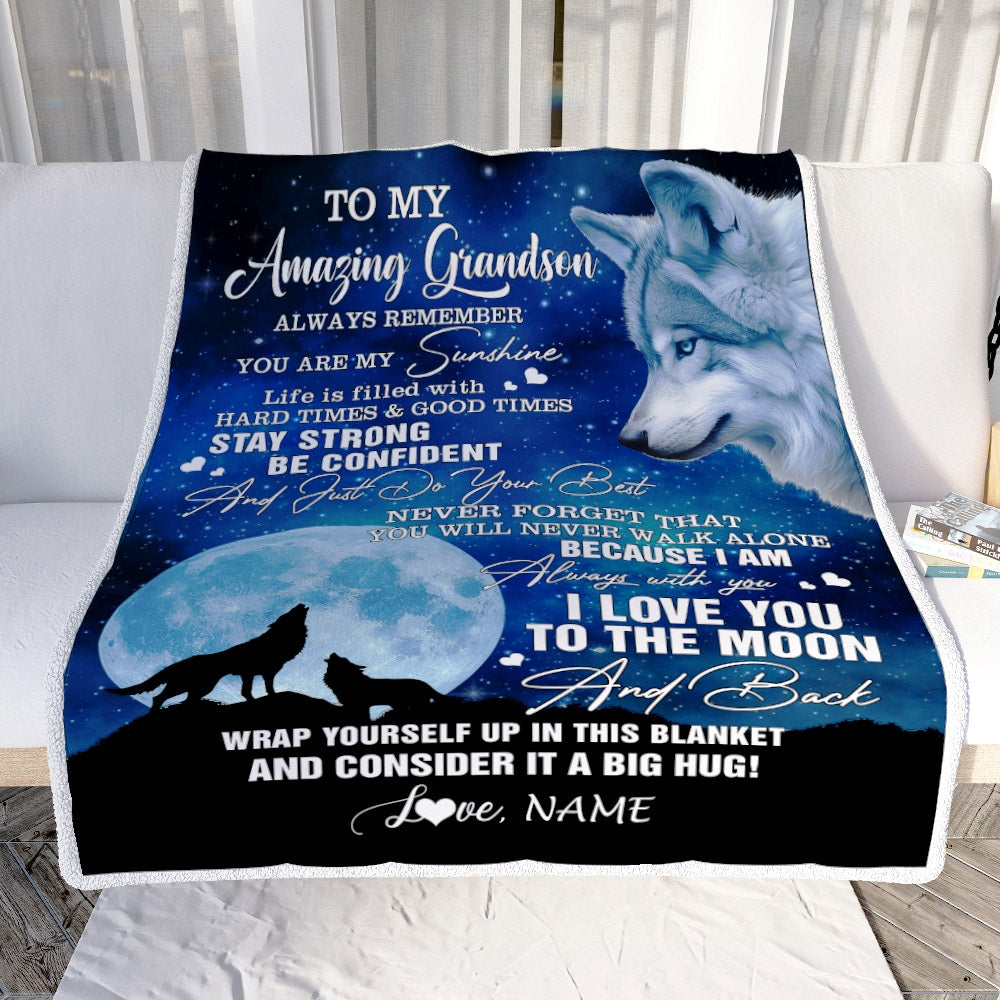 Personalized To My Amazing Grandson Blanket From Grandma Grandpa Wolf It A Big Hug Son Birthday Back To School Christmas Customized Fleece Throw Blanket | teecentury