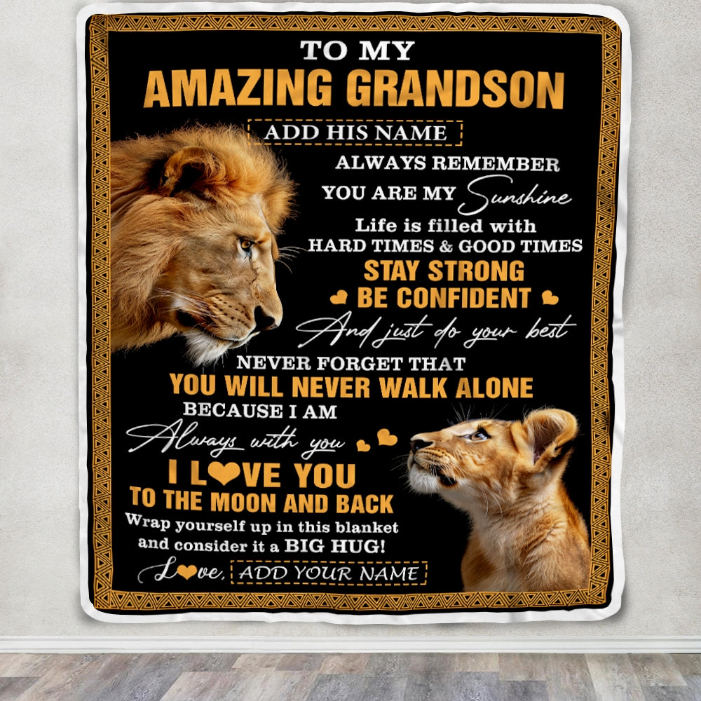 Personalized To My Amazing Grandson Blanket From Grandpa Grandfather Lion It A Big Hug Grandson Birthday Gifts Graduation Christmas Custom Fleece Blanket | teecentury