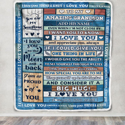 Personalized To My Amazing Grandson Gifts From Grandma Grandpa Blanket Wood Great Words Birthday Gifts For Grandson Christmas Customized Fleece Throw Blanket | teecentury