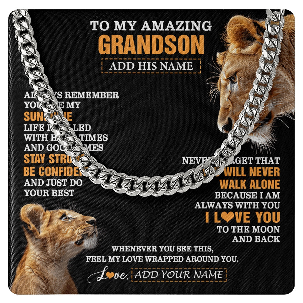 Cuban Link Chain Necklace Stainless Steel | 1 | Personalized To My Amazing Grandson Gifts Necklace From Grandma Lion It A Big Hug Grandson Birthday Gifts Graduation Christmas Custom Gift Box Message Card | https://teecentury.