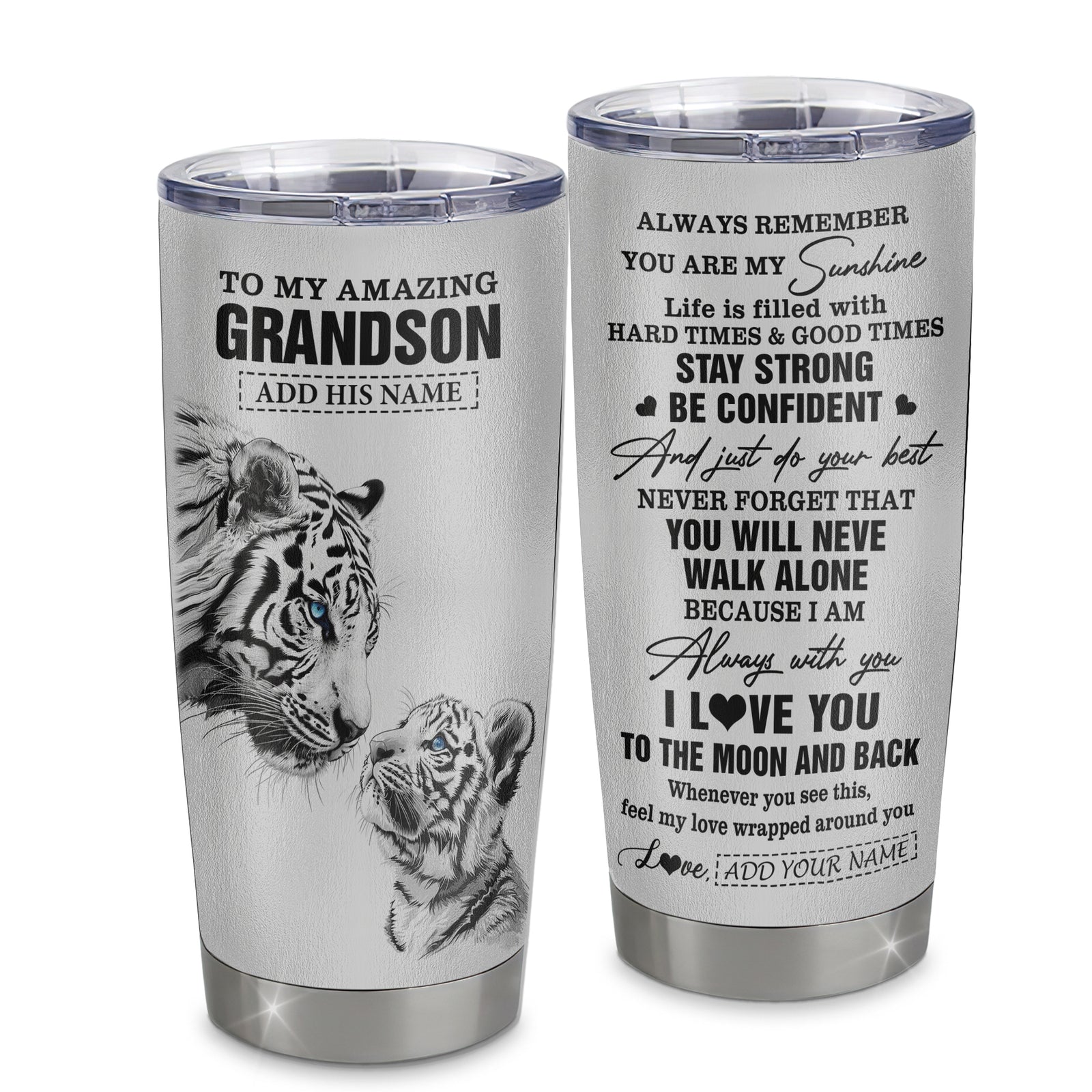 Personalized To My Amazing Grandson Gifts Tumbler From Grandma Grandpa White Tiger It A Big Hug Grandson Birthday Gifts Christmas Custom Stainless Steel Travel Mug | teecentury