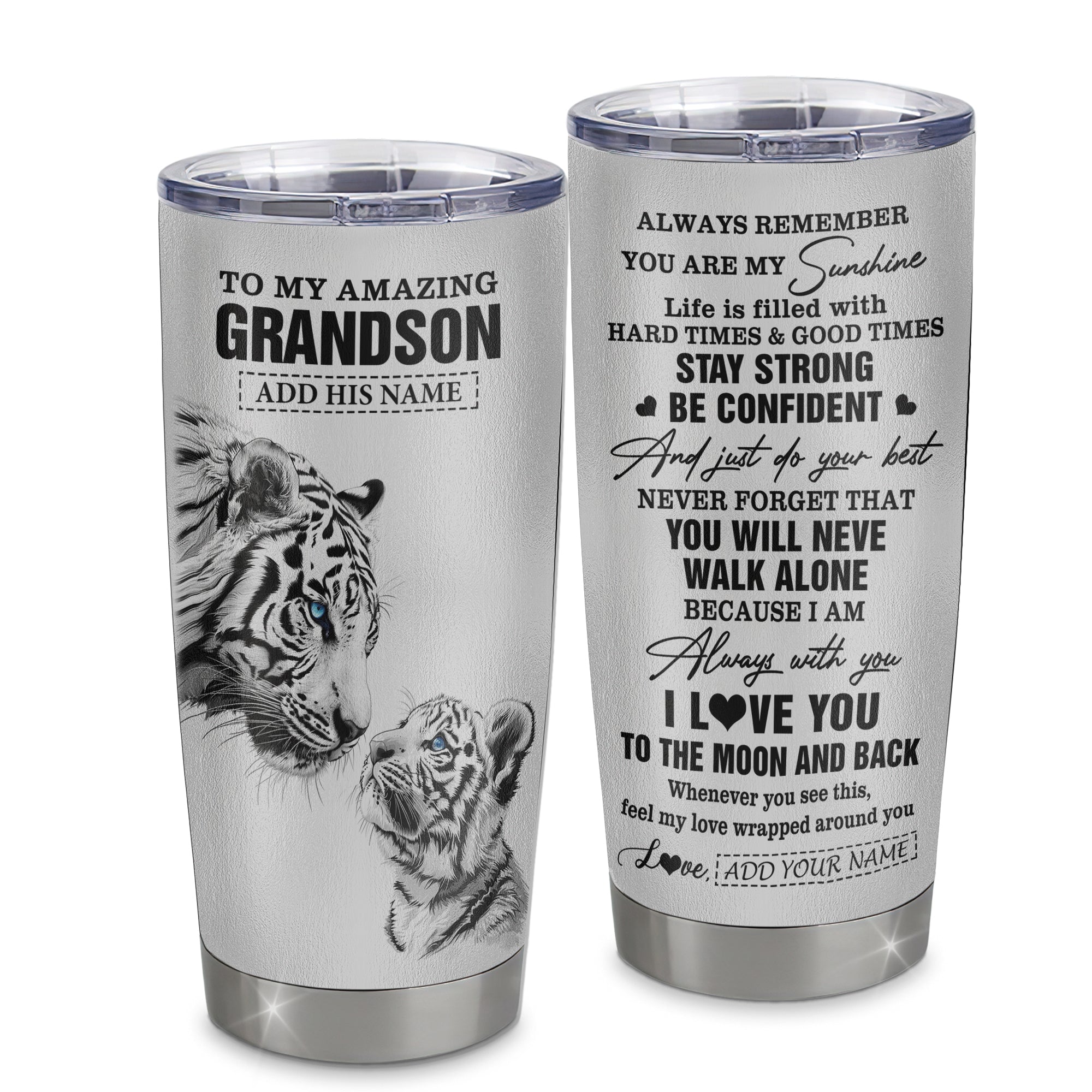 Personalized To My Amazing Grandson Gifts Tumbler From Grandma Grandpa White Tiger It A Big Hug Grandson Birthday Gifts Christmas Custom Stainless Steel Travel Mug | teecentury
