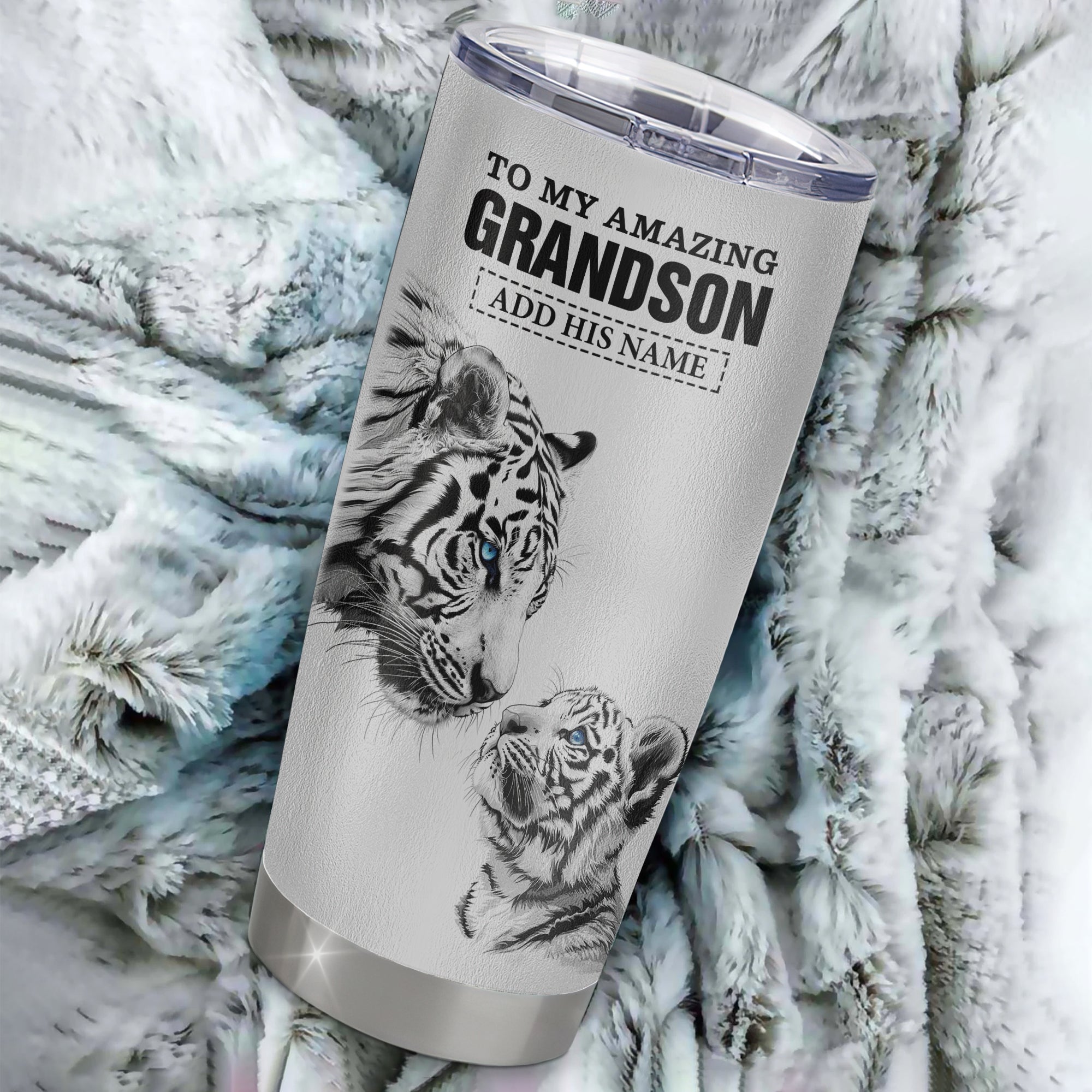 Personalized To My Amazing Grandson Gifts Tumbler From Grandma Grandpa White Tiger It A Big Hug Grandson Birthday Gifts Christmas Custom Stainless Steel Travel Mug | teecentury