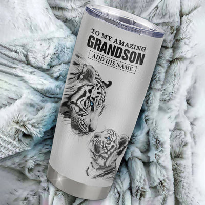 Personalized To My Amazing Grandson Gifts Tumbler From Grandma Grandpa White Tiger It A Big Hug Grandson Birthday Gifts Christmas Custom Stainless Steel Travel Mug | teecentury