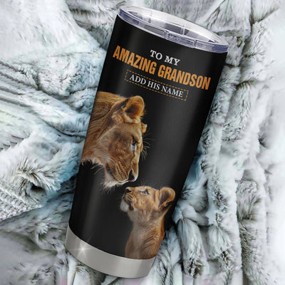 Personalized To My Amazing Grandson Gifts Tumbler From Grandma Lion It A Big Hug Grandson Birthday Gifts Graduation Christmas Custom Stainless Steel Travel Mug | teecentury