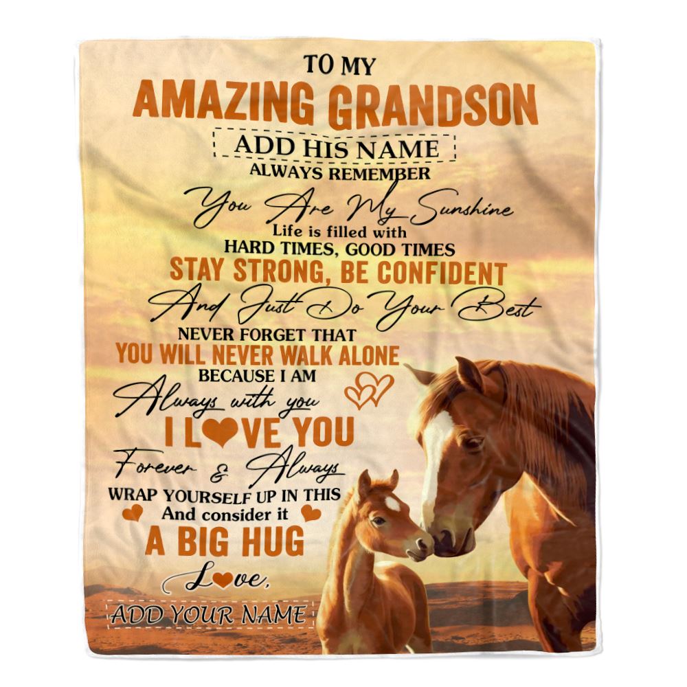 Personalized To My Amazing Grandson Horse Blanket From Grandma Grandpa My Sunshine Grandson Birthday Gifts Graduation Christmas Customized Fleece Throw Blanket | teecentury