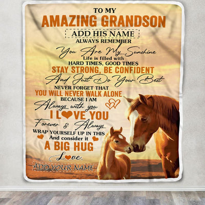 Personalized To My Amazing Grandson Horse Blanket From Grandma Grandpa My Sunshine Grandson Birthday Gifts Graduation Christmas Customized Fleece Throw Blanket | teecentury