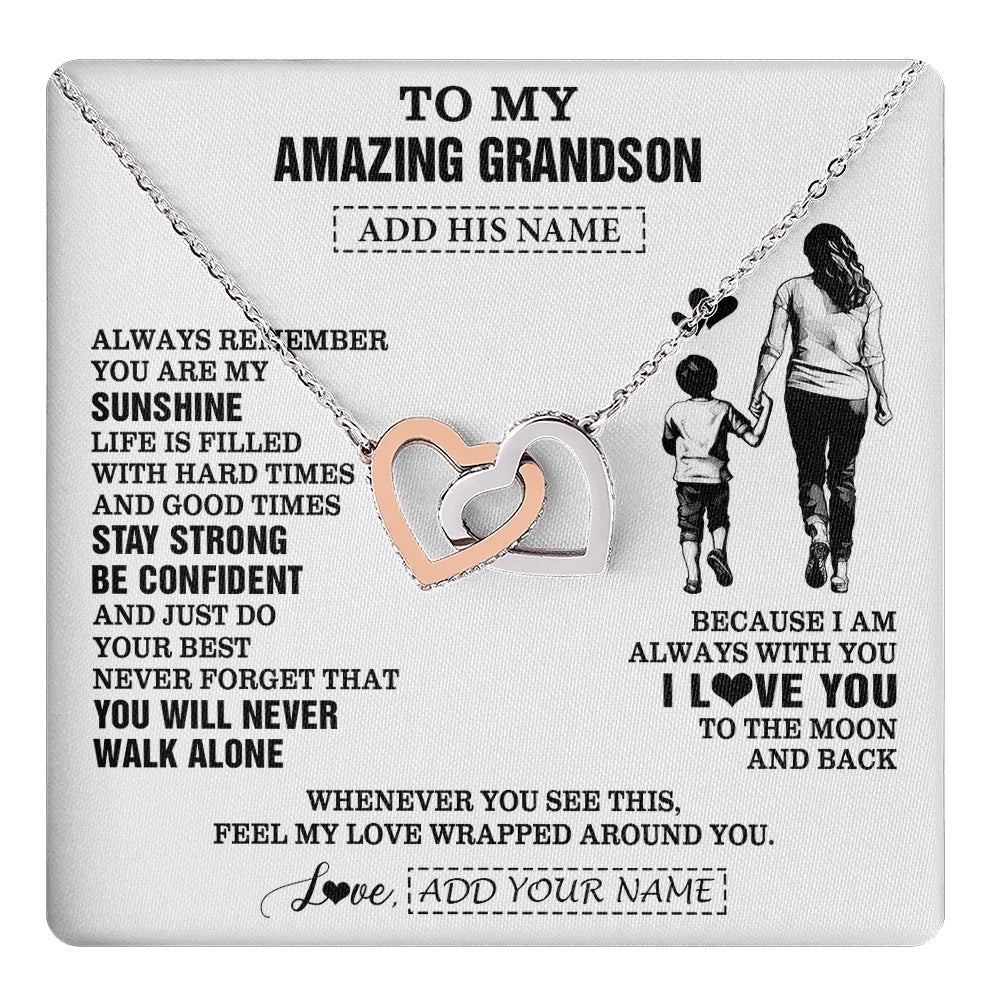 Interlocking Hearts Necklace Stainless Steel & Rose Gold Finish | 1 | Personalized To My Amazing Grandson Necklace From Grandma Gigi Woman It A Big Hug Grandson Birthday Gifts Graduation Christmas Custom Gift Box Message Card | https://teecentury.