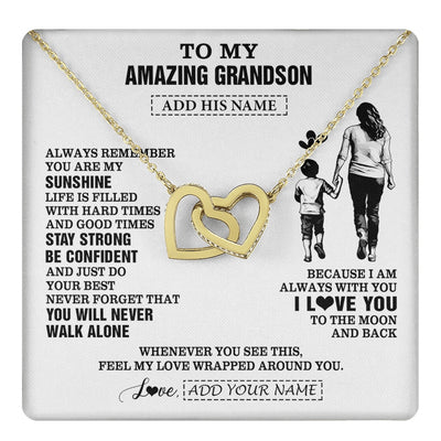 Interlocking Hearts Necklace 18K Yellow Gold Finish | 1 | Personalized To My Amazing Grandson Necklace From Grandma Gigi Woman It A Big Hug Grandson Birthday Gifts Graduation Christmas Custom Gift Box Message Card | https://teecentury.