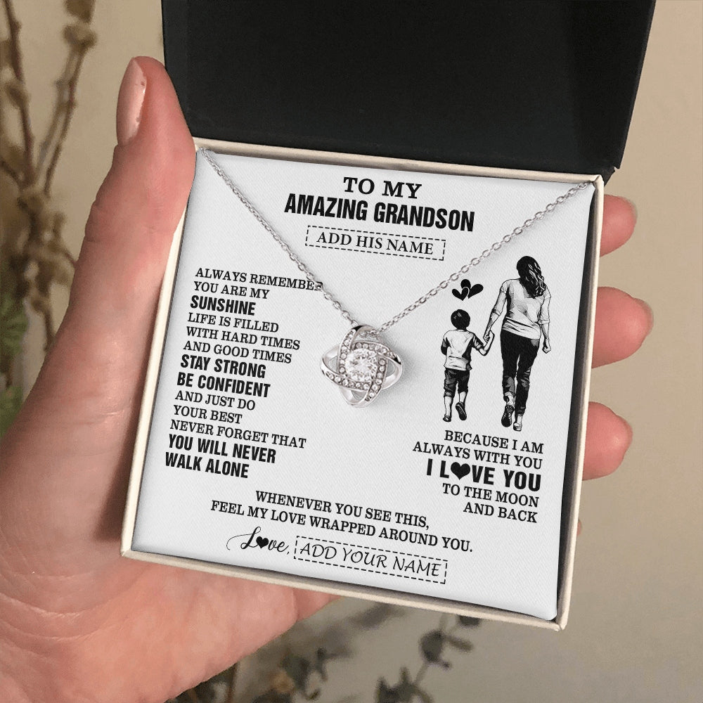 Love Knot Necklace 14K White Gold Finish | 2 | Personalized To My Amazing Grandson Necklace From Grandma Gigi Woman It A Big Hug Grandson Birthday Gifts Graduation Christmas Custom Gift Box Message Card | https://teecentury.