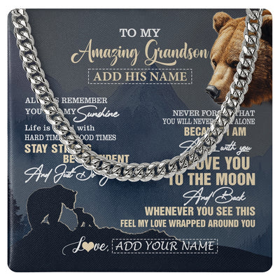 Cuban Link Chain Necklace Stainless Steel | 1 | Personalized To My Amazing Grandson Necklace From Grandma Grandpa Bear It A Big Hug Grandson Birthday Gifts Graduation Christmas Custom Gift Box Message Card | https://teecentury.