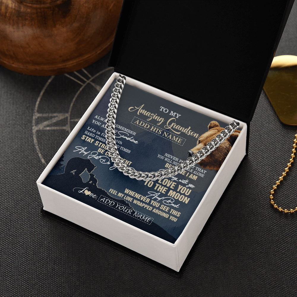 Cuban Link Chain Necklace Stainless Steel | 2 | Personalized To My Amazing Grandson Necklace From Grandma Grandpa Bear It A Big Hug Grandson Birthday Gifts Graduation Christmas Custom Gift Box Message Card | https://teecentury.