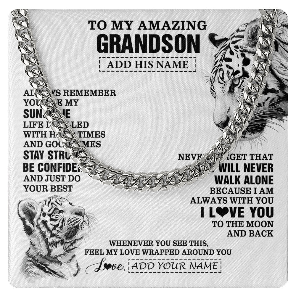 Cuban Link Chain Necklace Stainless Steel | 1 | Personalized To My Amazing Grandson Necklace From Grandma Grandpa White Tiger It A Big Hug Grandson Birthday Gifts Christmas Custom Gift Box Message Card | https://teecentury.