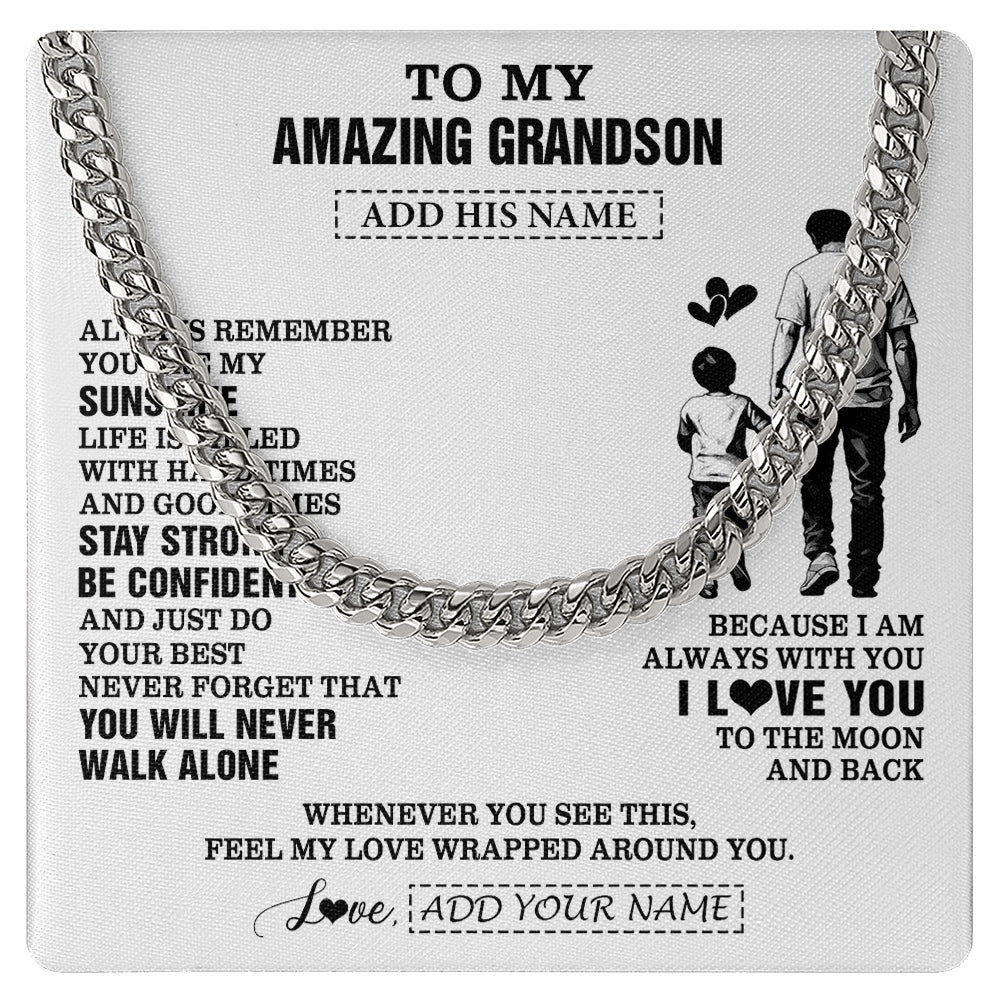 Cuban Link Chain Necklace Stainless Steel | 1 | Personalized To My Amazing Grandson Necklace From Grandpa Papa Man It A Big Hug Grandson Birthday Gifts Graduation Christmas Custom Gift Box Message Card | https://teecentury.