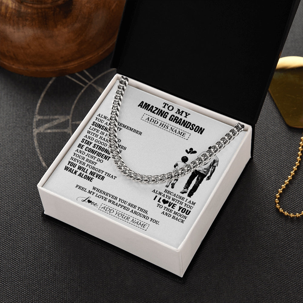 Cuban Link Chain Necklace Stainless Steel | 2 | Personalized To My Amazing Grandson Necklace From Grandpa Papa Man It A Big Hug Grandson Birthday Gifts Graduation Christmas Custom Gift Box Message Card | https://teecentury.