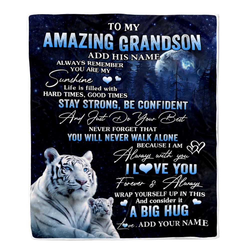 Personalized To My Amazing Grandson White Tiger Blanket From Grandma Papa My Sunshine Grandson Birthday Gifts Graduation Christmas Customized Fleece Blanket | teecentury