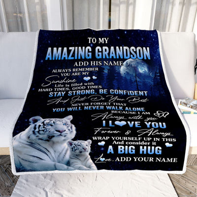 Personalized To My Amazing Grandson White Tiger Blanket From Grandma Papa My Sunshine Grandson Birthday Gifts Graduation Christmas Customized Fleece Blanket | teecentury