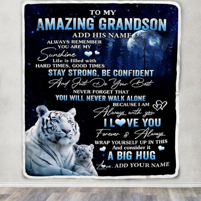 Personalized To My Amazing Grandson White Tiger Blanket From Grandma Papa My Sunshine Grandson Birthday Gifts Graduation Christmas Customized Fleece Blanket | teecentury